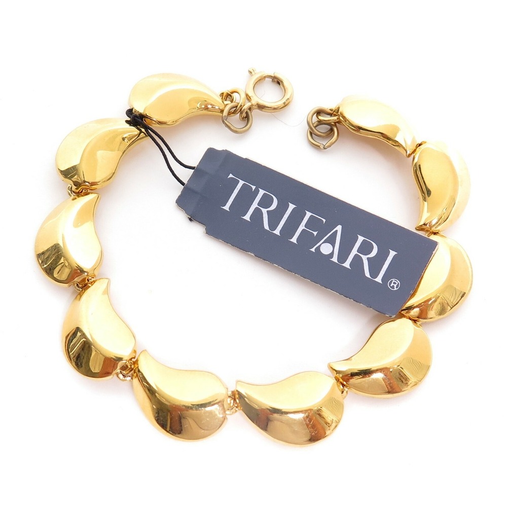 TRIFARI DESIGNER SIGNED GOLD PLATED PAISLEY LEAF WIDE LINKED BRACELET NEW W TAGS